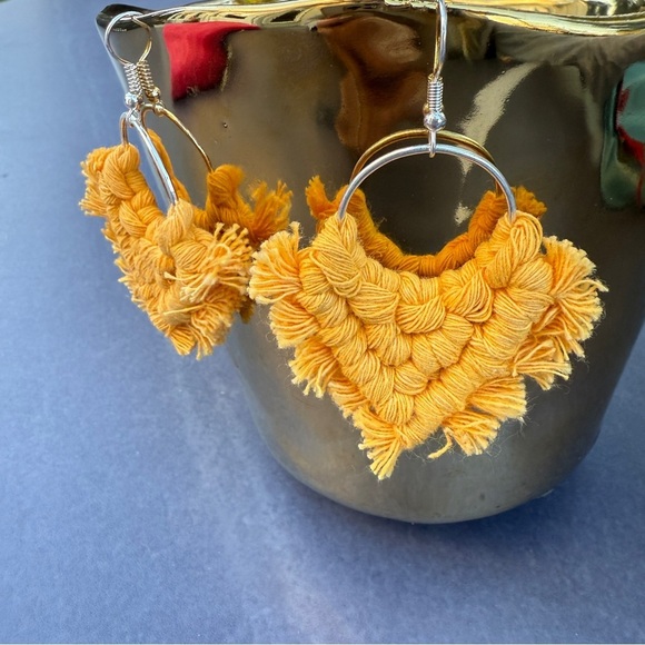 Macrame Golden Yellow Dangle Earrings - Picture 6 of 12